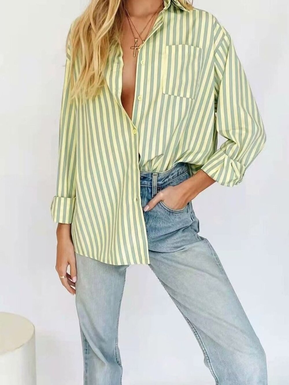 VRG GRL Beach Locals Button Down Shirt - Green/Yellow Stripe - US 6 / AUS 10